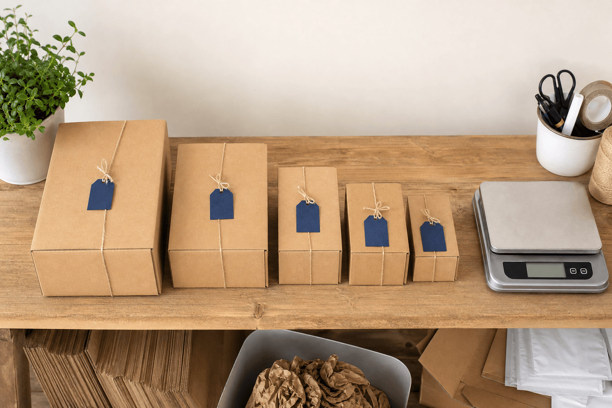Kraft parcels of different sizes lined up for comparison beside a scale